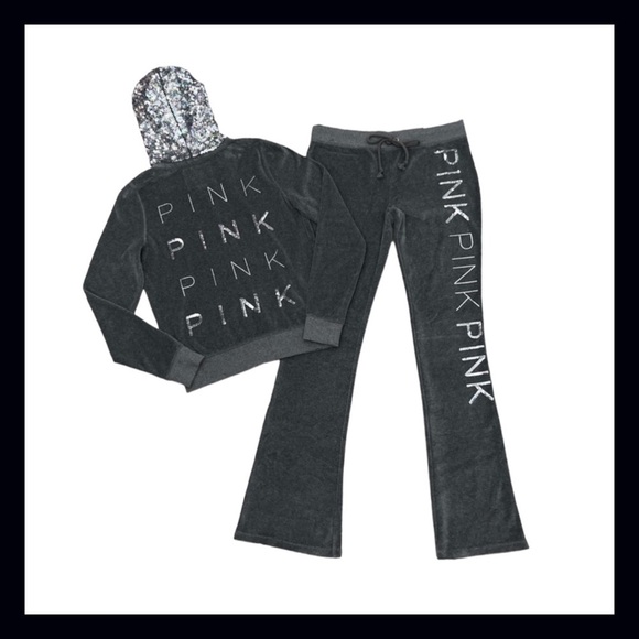Vintage Victoria’s Secret PINK Grey Velour LE Fashion Show Bling Set Size Medium - Picture 1 of 11
